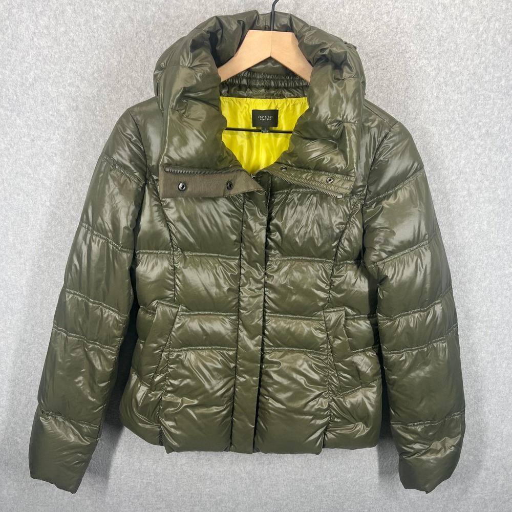 Coatology Puffer Jacket Women Small Olive Green Goose Down Quilted EUC
